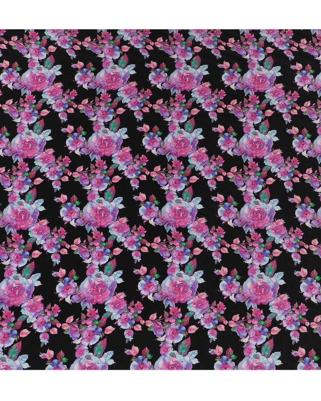 Midnight Black Crepe Fabric with Vivid Pink Rose Prints and Stone Embellishments, 110 cm Width - Imported from India-D20249