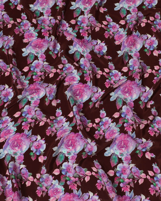 Rich Burgundy Crepe Fabric with Pink and Lavender Floral Print, Stone Embellishments, 110 cm Width - Imported from India-D20250