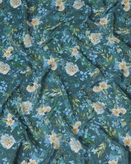 Teal Blue Crepe Fabric with Yellow and White Floral Print, Stone Embellishments, 110 cm Width - Imported from India-D20251