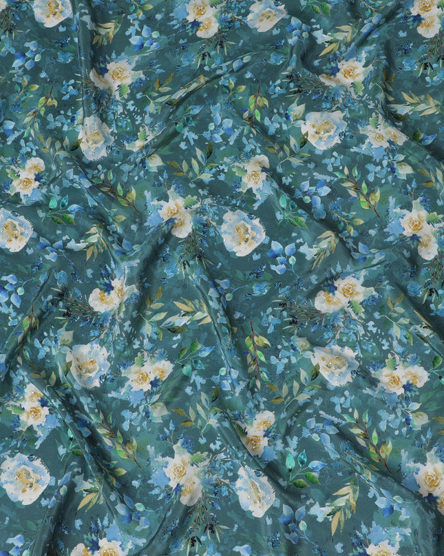 Teal Blue Crepe Fabric with Yellow and White Floral Print, Stone Embellishments, 110 cm Width - Imported from India-D20251