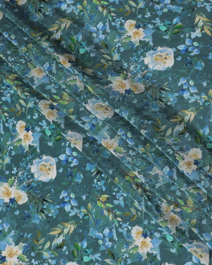 Teal Blue Crepe Fabric with Yellow and White Floral Print, Stone Embellishments, 110 cm Width - Imported from India-D20251