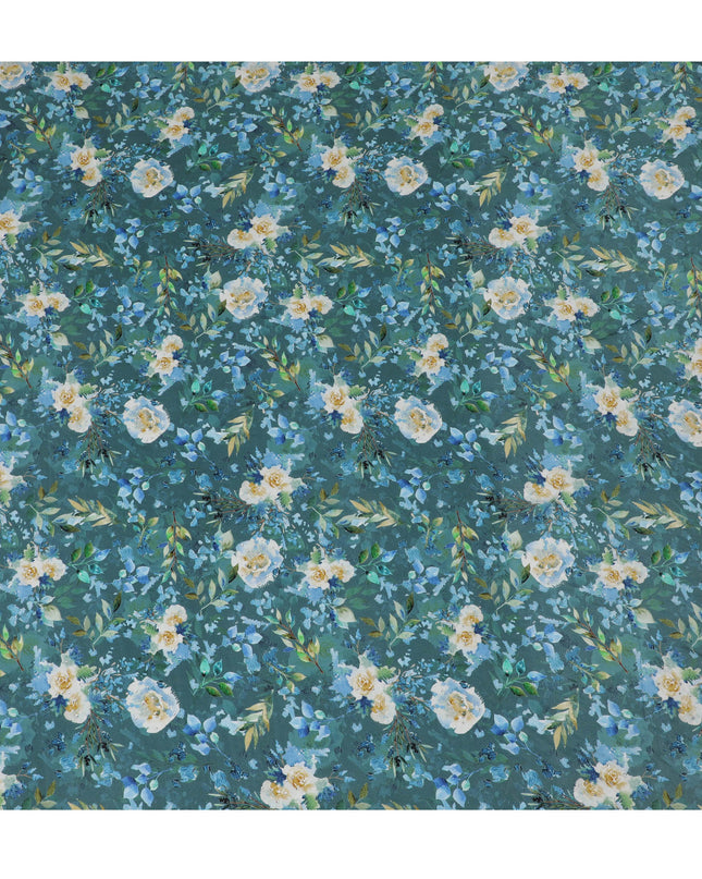 Teal Blue Crepe Fabric with Yellow and White Floral Print, Stone Embellishments, 110 cm Width - Imported from India-D20251