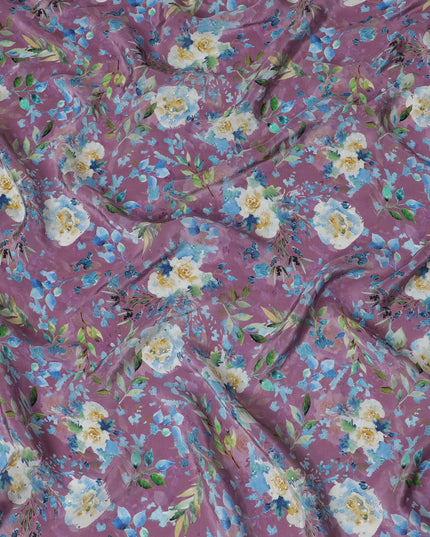 Mauve Crepe Fabric with Blue and White Floral Print, Stone Embellishments, 110 cm Width - Imported from India-D20252