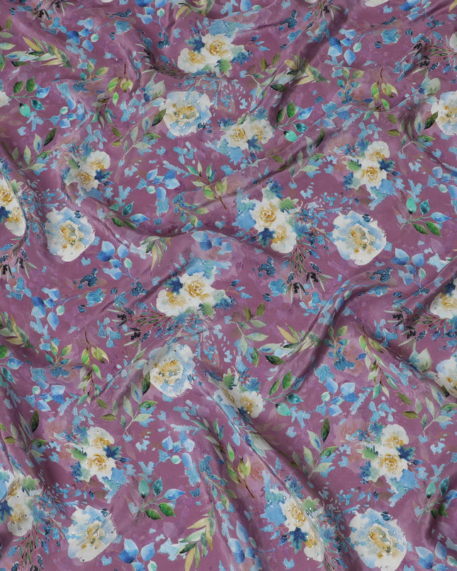 Mauve Crepe Fabric with Blue and White Floral Print, Stone Embellishments, 110 cm Width - Imported from India-D20252