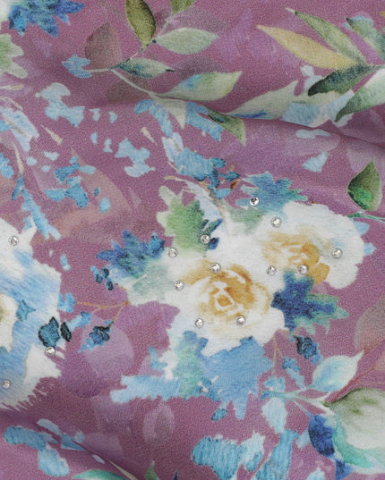 Mauve Crepe Fabric with Blue and White Floral Print, Stone Embellishments, 110 cm Width - Imported from India-D20252