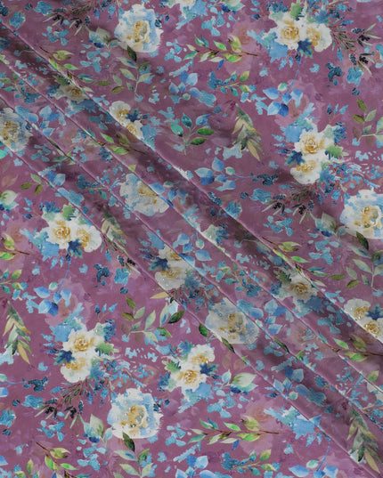 Mauve Crepe Fabric with Blue and White Floral Print, Stone Embellishments, 110 cm Width - Imported from India-D20252