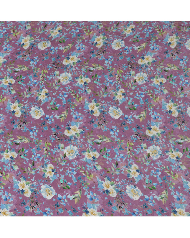 Mauve Crepe Fabric with Blue and White Floral Print, Stone Embellishments, 110 cm Width - Imported from India-D20252