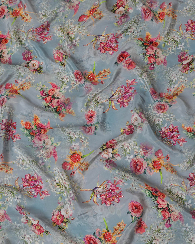 Soft Sky Grey Crepe Fabric with Multicolored Floral Embroidery and Stone Work, 110 cm Width - Imported from India-D20253