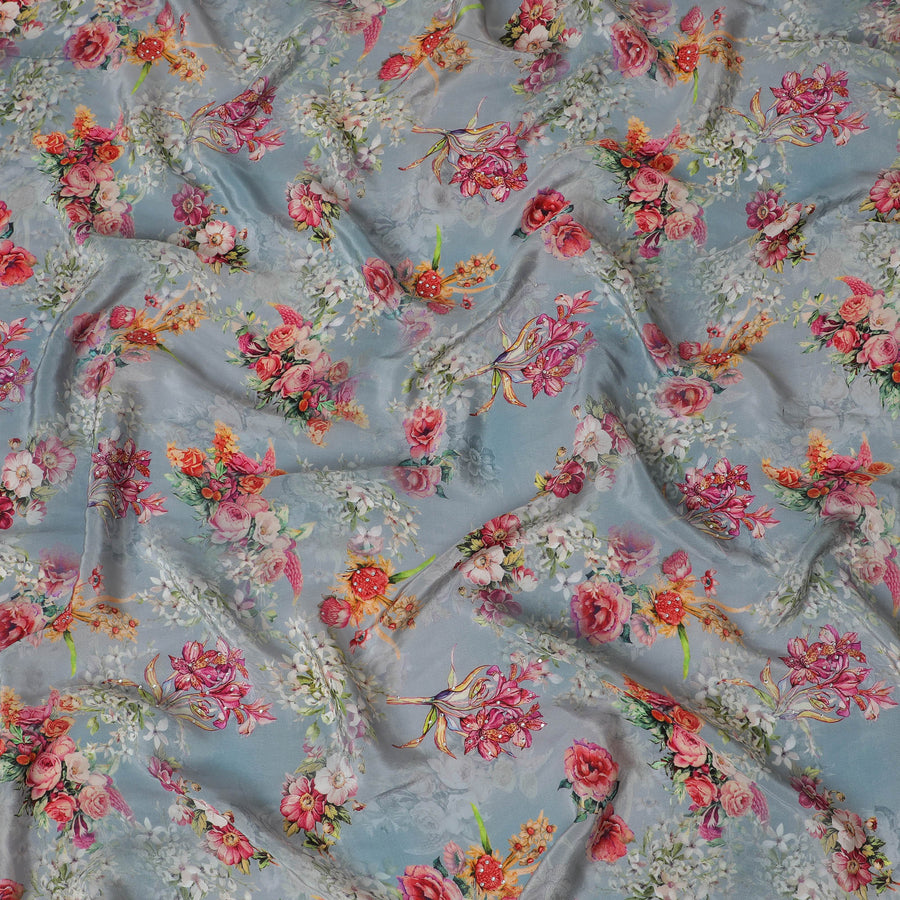 Soft Sky Grey Crepe Fabric with Multicolored Floral Embroidery and Stone Work, 110 cm Width - Imported from India-D20253