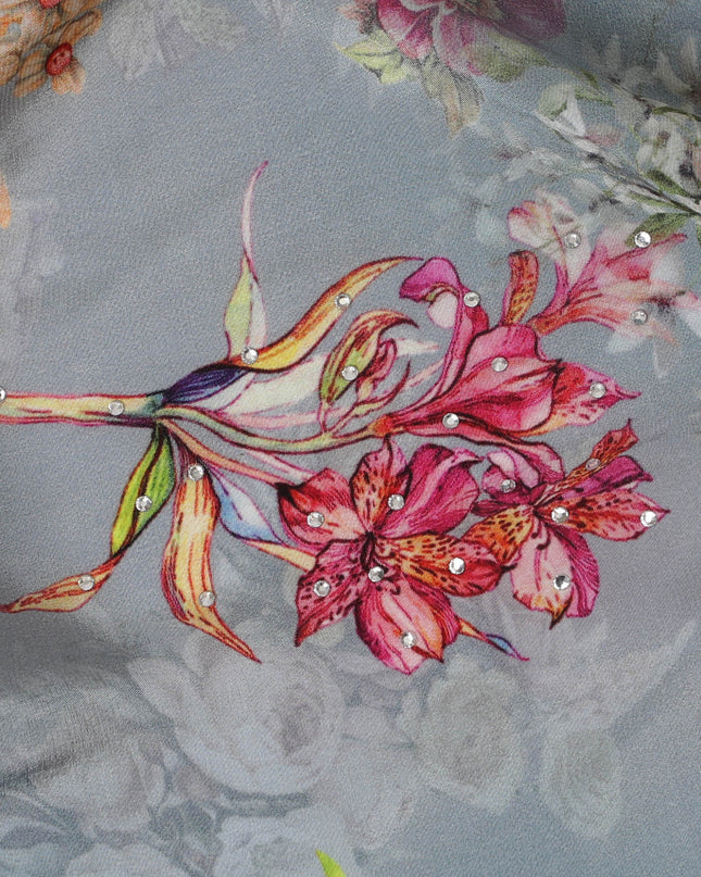 Soft Sky Grey Crepe Fabric with Multicolored Floral Embroidery and Stone Work, 110 cm Width - Imported from India-D20253