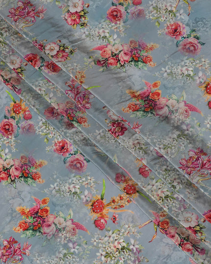 Soft Sky Grey Crepe Fabric with Multicolored Floral Embroidery and Stone Work, 110 cm Width - Imported from India-D20253