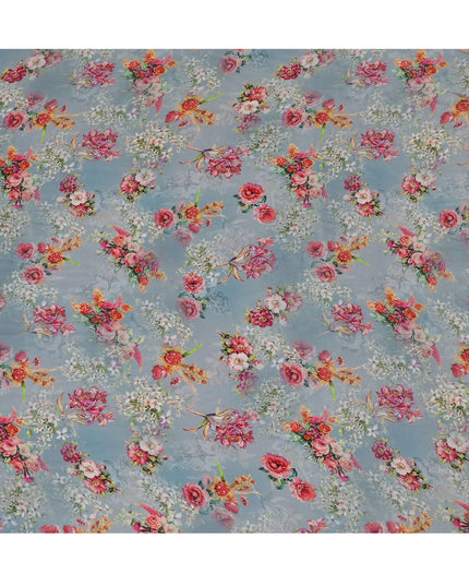 Soft Sky Grey Crepe Fabric with Multicolored Floral Embroidery and Stone Work, 110 cm Width - Imported from India-D20253