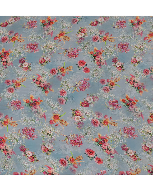 Soft Sky Grey Crepe Fabric with Multicolored Floral Embroidery and Stone Work, 110 cm Width - Imported from India-D20253