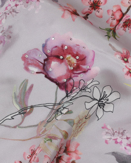 Delicate Blush Crepe Fabric with Vibrant Floral Print and Stone Accents, 110 cm Width - Imported from India-D20254