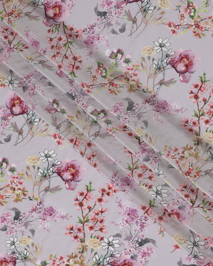 Delicate Blush Crepe Fabric with Vibrant Floral Print and Stone Accents, 110 cm Width - Imported from India-D20254