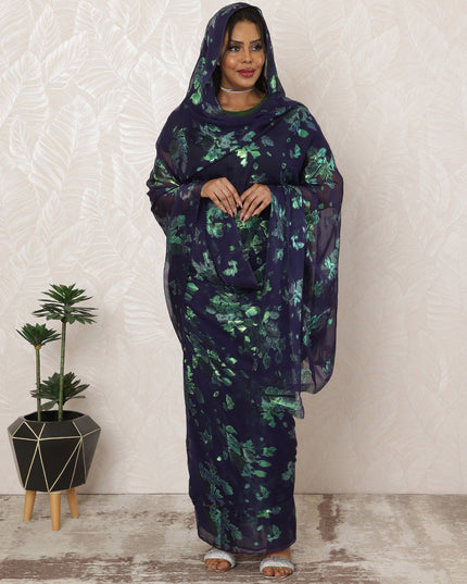 Deep Navy Sudanese Thobe Fabric in Silk Chiffon with Metallic Lurex, 4.5 Meters, 110 cm Width-D20355