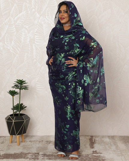 Deep Navy Sudanese Thobe Fabric in Silk Chiffon with Metallic Lurex, 4.5 Meters, 110 cm Width-D20355