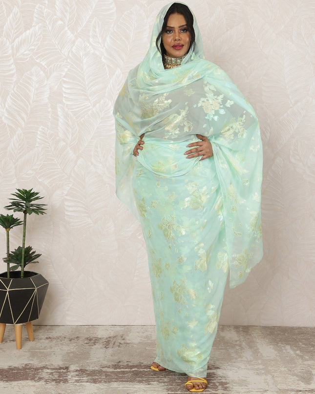 Light Mint Sudanese Thobe Fabric in Silk Chiffon with Metallic Lurex, 4.5 Meters, 110 cm Width-D20356