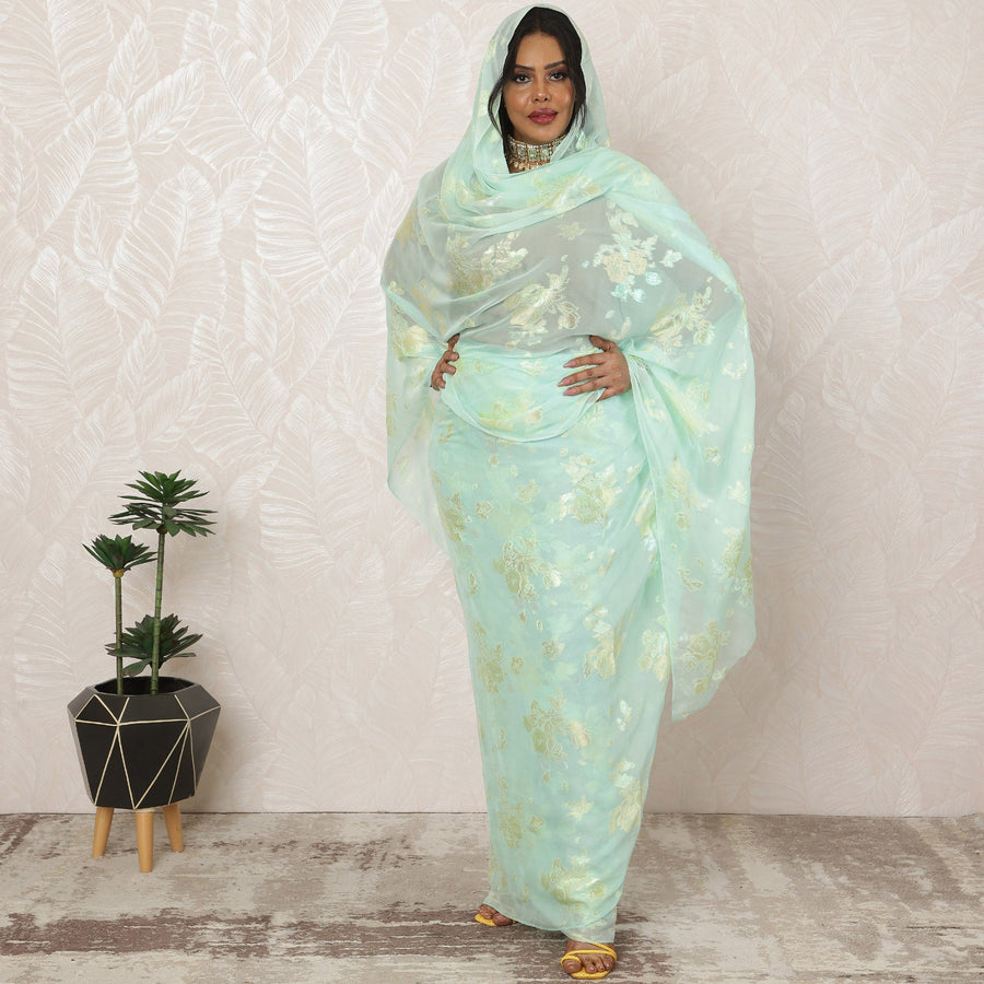 Light Mint Sudanese Thobe Fabric in Silk Chiffon with Metallic Lurex, 4.5 Meters, 110 cm Width-D20356