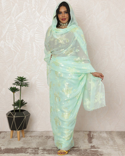 Light Mint Sudanese Thobe Fabric in Silk Chiffon with Metallic Lurex, 4.5 Meters, 110 cm Width-D20356