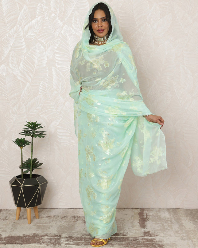 Light Mint Sudanese Thobe Fabric in Silk Chiffon with Metallic Lurex, 4.5 Meters, 110 cm Width-D20356