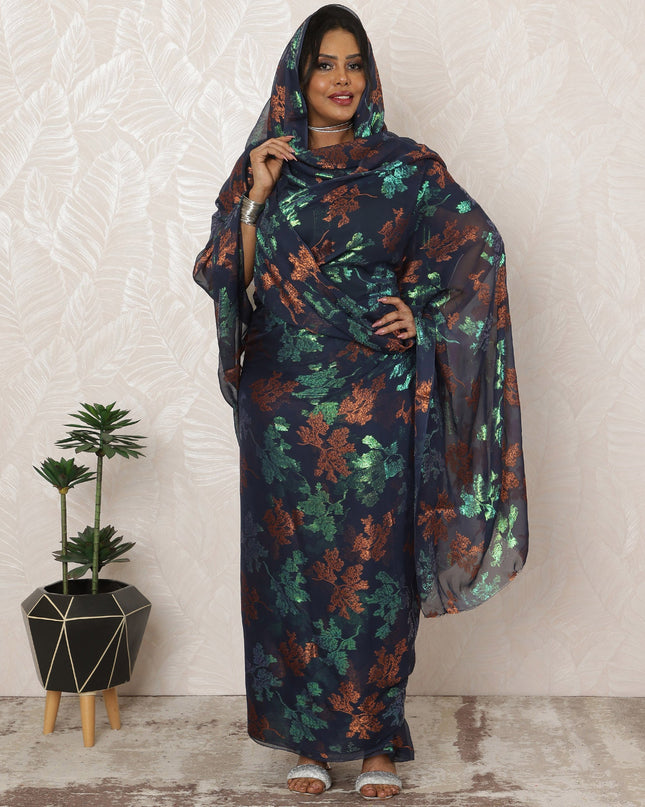 Dark Navy Sudanese Thobe Fabric in Silk Chiffon with Metallic Lurex, 4.5 Meters, 110 cm Width-D20357