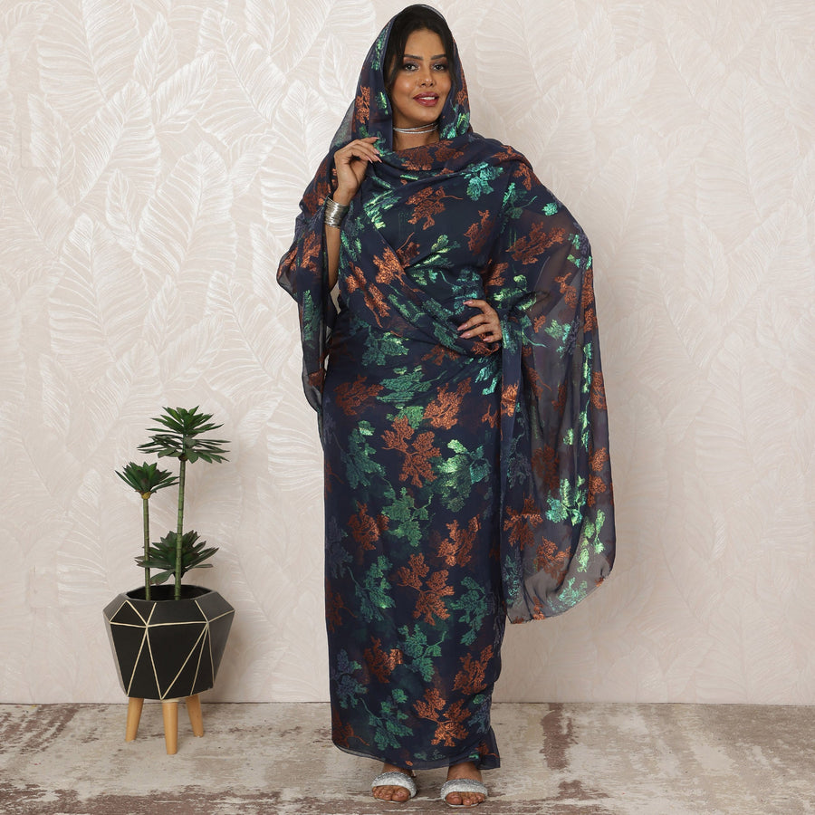 Dark Navy Sudanese Thobe Fabric in Silk Chiffon with Metallic Lurex, 4.5 Meters, 110 cm Width-D20357