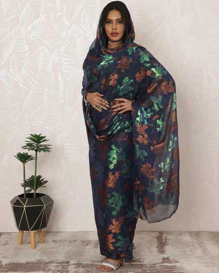 Dark Navy Sudanese Thobe Fabric in Silk Chiffon with Metallic Lurex, 4.5 Meters, 110 cm Width-D20357