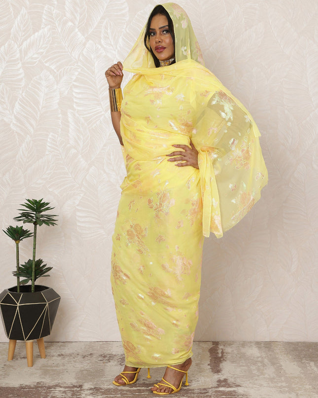 Bright Yellow Sudanese Thobe Fabric in Silk Chiffon with Metallic Lurex, 4.5 Meters, 110 cm Width-D20358