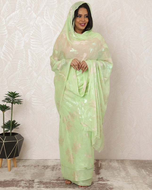 Pastel Green Sudanese Thobe Fabric in Silk Chiffon with Metallic Lurex, 4.5 Meters, 110 cm Width-D20359