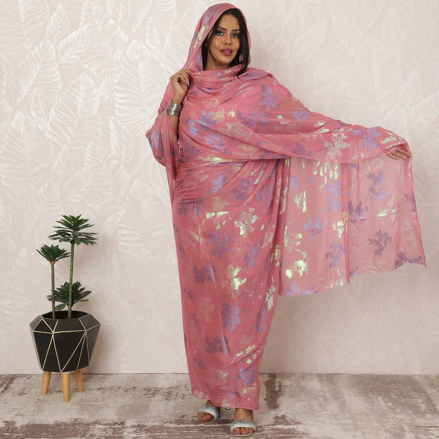 Rose Pink Sudanese Thobe Fabric in Silk Chiffon with Metallic Lurex, 4.5 Meters, 110 cm Width-D20361