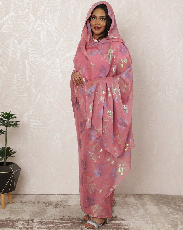 Rose Pink Sudanese Thobe Fabric in Silk Chiffon with Metallic Lurex, 4.5 Meters, 110 cm Width-D20361