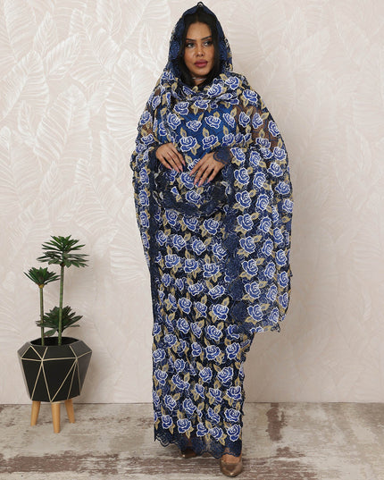 Navy Blue Sudanese Thobe Fabric in Premium Guipure Swiss Lace with Stone Work, 4.5 Meters, 110 cm Width-D20362