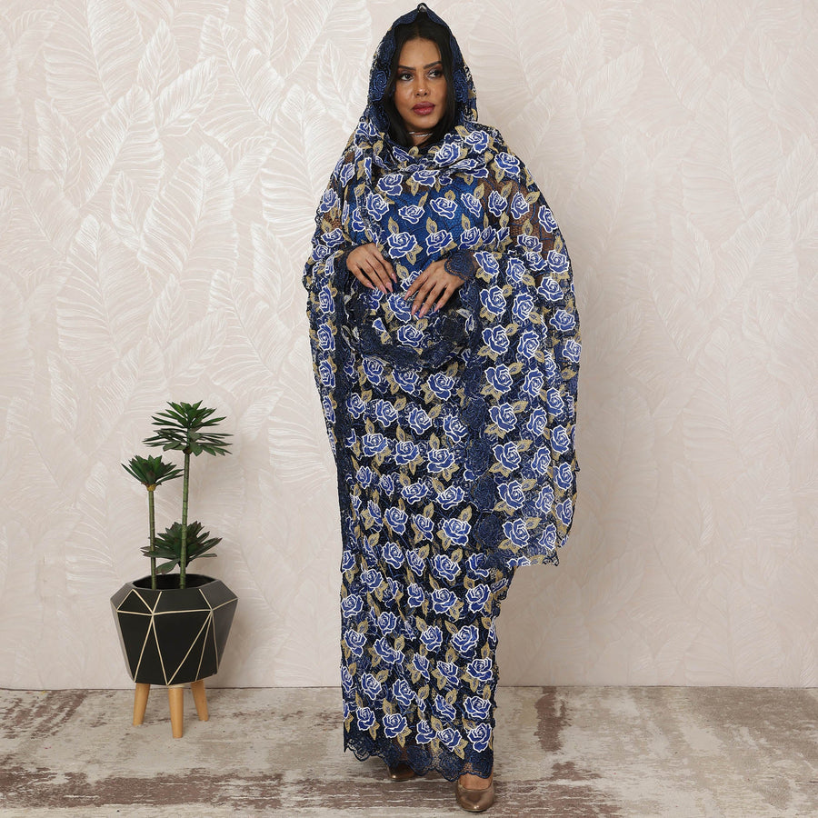 Navy Blue Sudanese Thobe Fabric in Premium Guipure Swiss Lace with Stone Work, 4.5 Meters, 110 cm Width-D20362