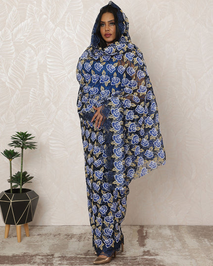 Navy Blue Sudanese Thobe Fabric in Premium Guipure Swiss Lace with Stone Work, 4.5 Meters, 110 cm Width-D20362