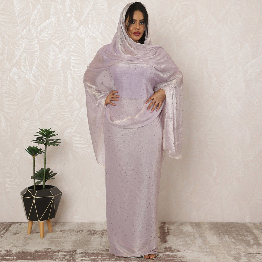 Soft Lilac Sudanese Thobe Fabric in Synthetic Chiffon with Stone Work, 4.5 Meters, 110 cm Width-D20366