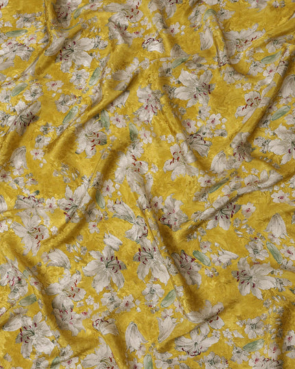 Mustard Yellow Viscose Crepe Printed Fabric with White Floral Design, 110 cm Width
-D20454