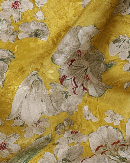 Mustard Yellow Viscose Crepe Printed Fabric with White Floral Design, 110 cm Width
-D20454