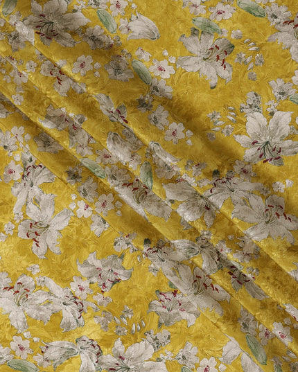 Mustard Yellow Viscose Crepe Printed Fabric with White Floral Design, 110 cm Width
-D20454