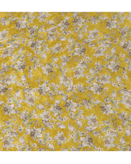 Mustard Yellow Viscose Crepe Printed Fabric with White Floral Design, 110 cm Width
-D20454