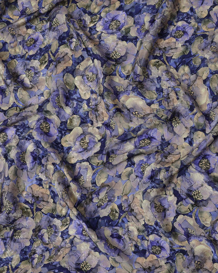 Deep Blue Viscose Crepe Printed Fabric with Lavender Floral Design, 110 cm Width-D20455