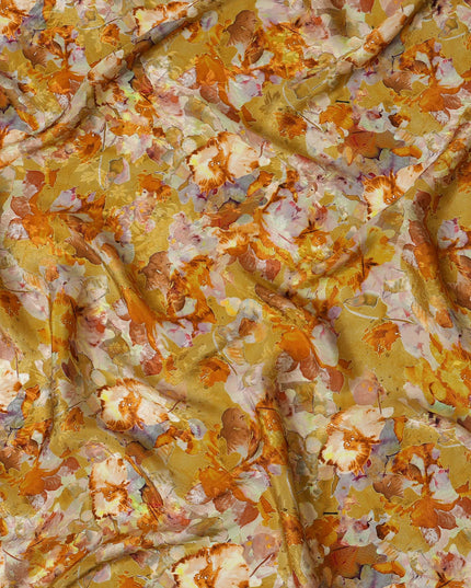 Golden Yellow Viscose Crepe Printed Fabric with Orange and White Floral Design, 110 cm Width-D20456