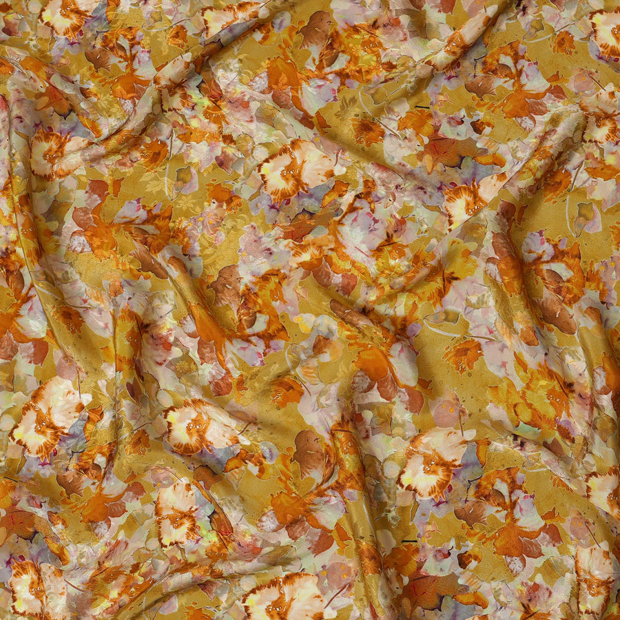 Golden Yellow Viscose Crepe Printed Fabric with Orange and White Floral Design, 110 cm Width-D20456
