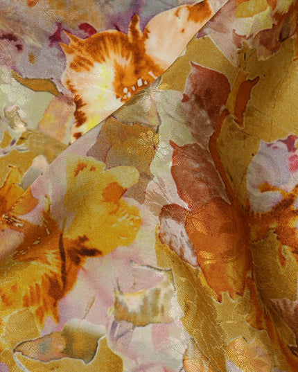 Golden Yellow Viscose Crepe Printed Fabric with Orange and White Floral Design, 110 cm Width-D20456