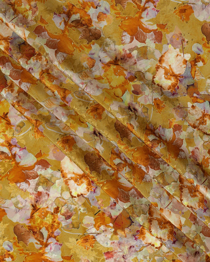 Golden Yellow Viscose Crepe Printed Fabric with Orange and White Floral Design, 110 cm Width-D20456