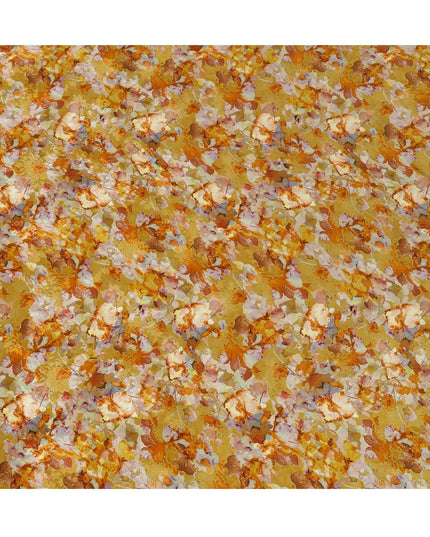 Golden Yellow Viscose Crepe Printed Fabric with Orange and White Floral Design, 110 cm Width-D20456