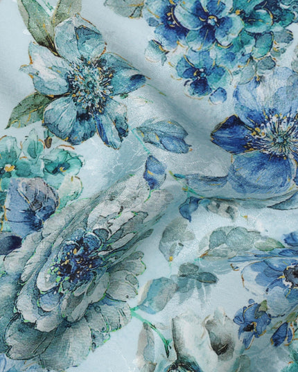 Aqua Blue Viscose Crepe Printed Fabric with Blue and Green Floral Design, 110 cm Width-D20457