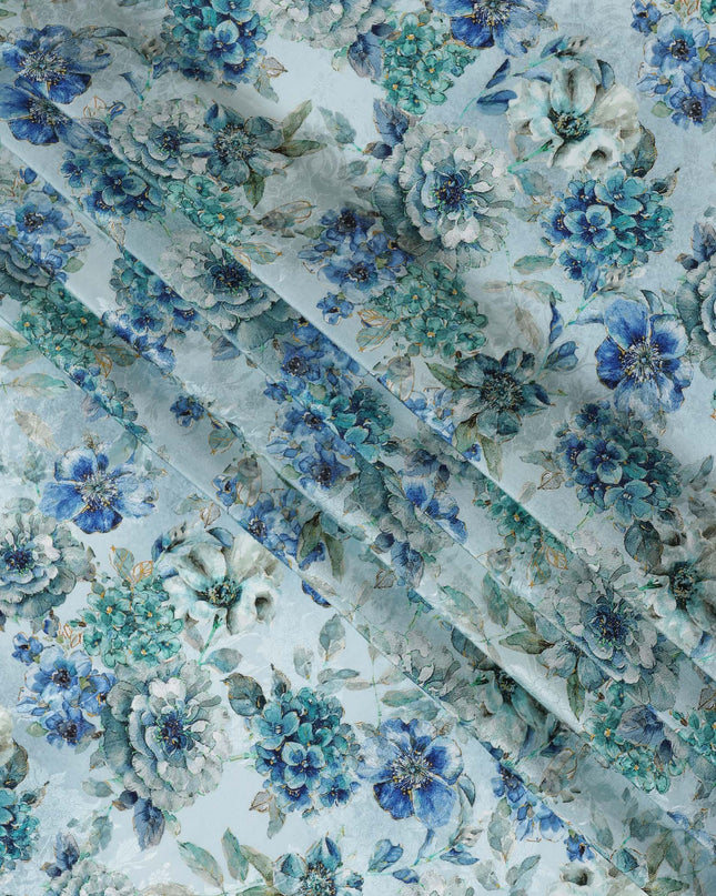 Aqua Blue Viscose Crepe Printed Fabric with Blue and Green Floral Design, 110 cm Width-D20457