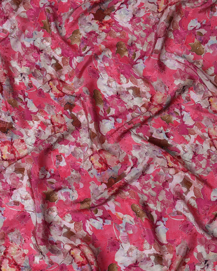 Hot Pink Viscose Crepe Printed Fabric with White and Red Floral Design, 110 cm Width-D20458