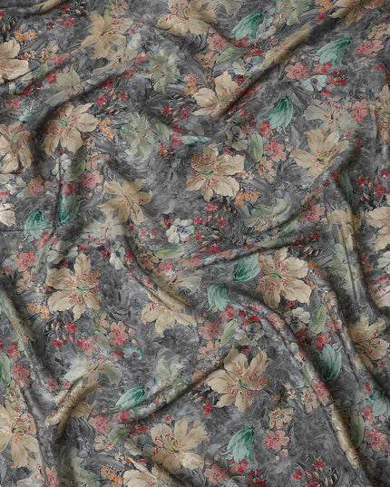 Charcoal Gray Viscose Crepe Printed Fabric with Beige and Green Floral Design, 110 cm Width-D20459